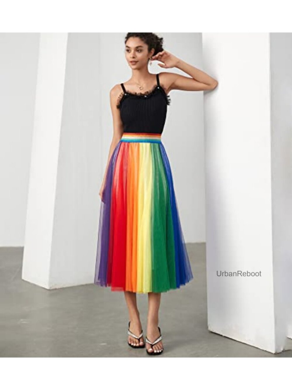 Women Pleated Long Tulle Skirt High Elastic Waist Swing Casual Midi Skirt - Picture 5 of 6